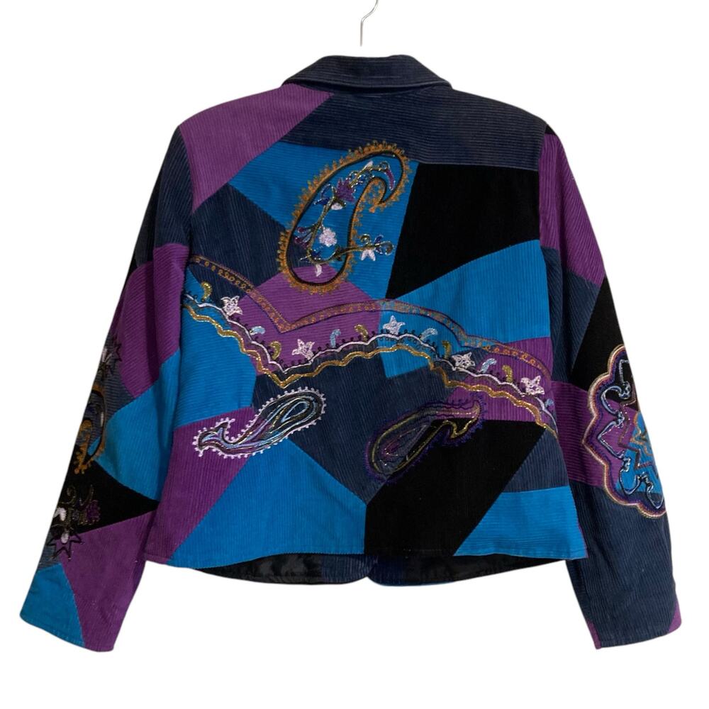 Vintage Y2K Julia Kim Blue Purple Corduroy Paisley Patchwork Blazer Size Medium - Picture 2 of 16